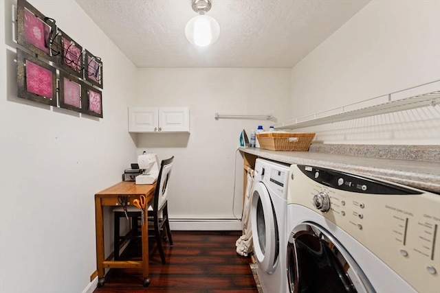 44 Drexel St, Worcester, MA 01602 - laundry room featuring washer and dryer, dark wood-type flooring, a baseboard radiator, a textured ceiling, and baseboards