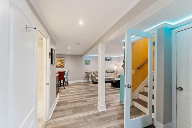 44 Drexel St, Worcester, MA 01602 - hallway with stairway, light wood-style flooring, baseboards, and recessed lighting
