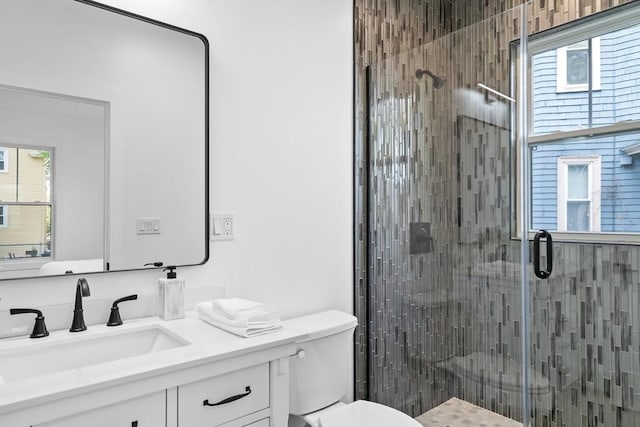 full bathroom featuring vanity, a stall shower, and toilet