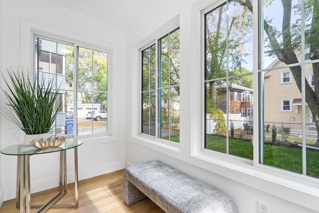 entryway featuring baseboards, light wood finished floors, and a wealth of natural light