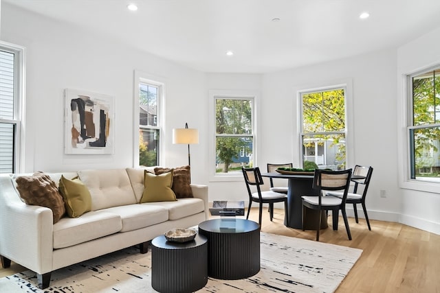 living room with a wealth of natural light and light hardwood / wood-style flooring