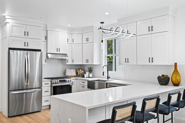 kitchen featuring a peninsula, light stone countertops, under cabinet range hood, a sink, and stainless steel appliances