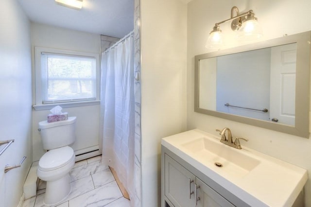 bathroom featuring vanity, a baseboard heating unit, and toilet