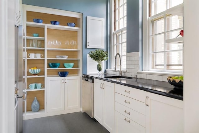 65 Glen Rd Unit H4, Brookline, MA 02445 - kitchen featuring a sink, dishwasher, white cabinets, and dark countertops