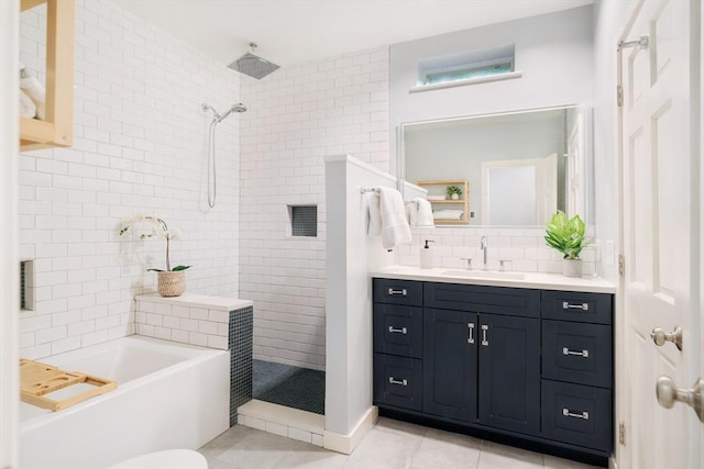 65 Glen Rd Unit H4, Brookline, MA 02445 - bathroom with tile patterned floors, a tile shower, backsplash, vanity, and a tub to relax in