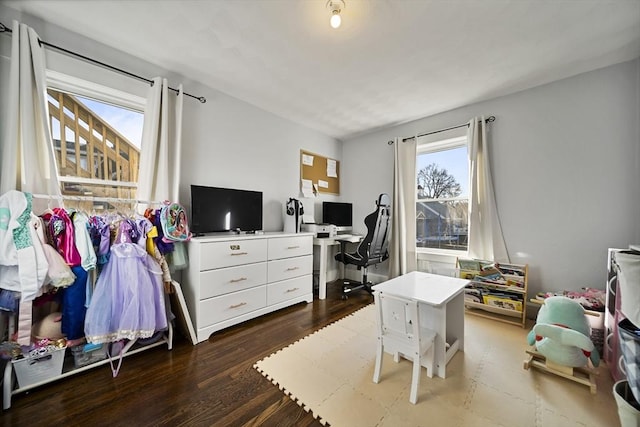 home office featuring dark wood-type flooring