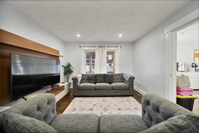 living room with dark wood-type flooring