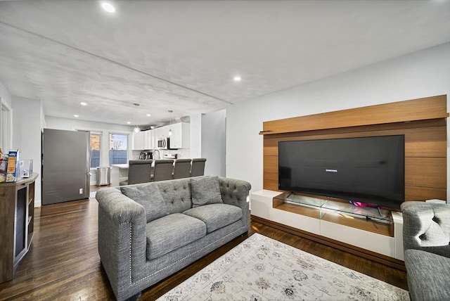 living room featuring dark wood-type flooring