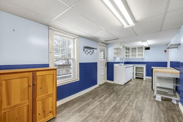 interior space with sink, white cabinets, hardwood / wood-style flooring, and a drop ceiling