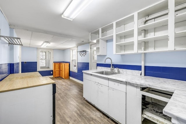 kitchen featuring white cabinets, sink, and wood-type flooring