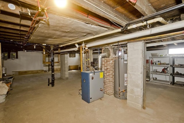 basement with a heating unit, water heater, and electric panel