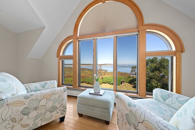 living room featuring a baseboard radiator, light wood-type flooring, a water view, and a healthy amount of sunlight