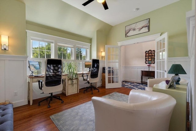 101 Pheasant Hill Cir, Barnstable, MA 02635 - office area with french doors, wainscoting, ceiling fan, a decorative wall, and vaulted ceiling