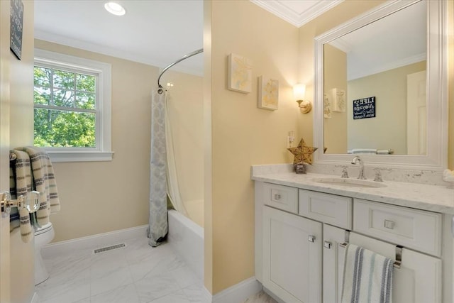 101 Pheasant Hill Cir, Barnstable, MA 02635 - bathroom with vanity, marble finish floors, crown molding, and shower / bath combination with curtain