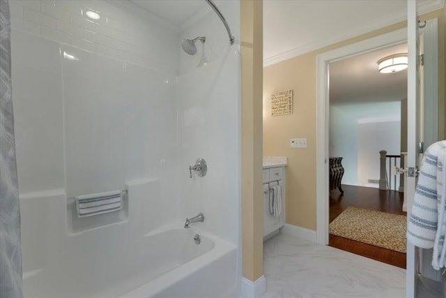 101 Pheasant Hill Cir, Barnstable, MA 02635 - bathroom with shower / bathtub combination, marble finish floors, crown molding, and vanity