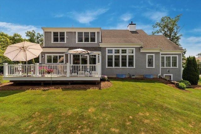 101 Pheasant Hill Cir, Barnstable, MA 02635 - back of property with a deck, a yard, a chimney, and roof with shingles