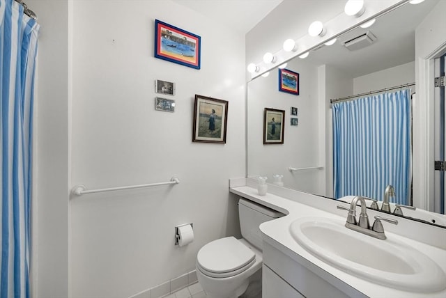 bathroom featuring visible vents, toilet, a shower with shower curtain, tile patterned flooring, and vanity