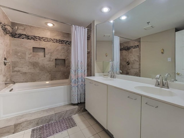 full bathroom with tile patterned flooring, a sink, shower / tub combo with curtain, and double vanity