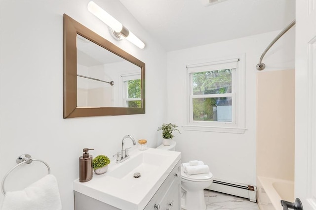 full bathroom with a baseboard heating unit, marble look tile flooring, toilet, vanity, and  shower combination