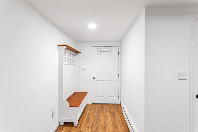 mudroom with a baseboard radiator, light wood-style flooring, baseboards, and recessed lighting