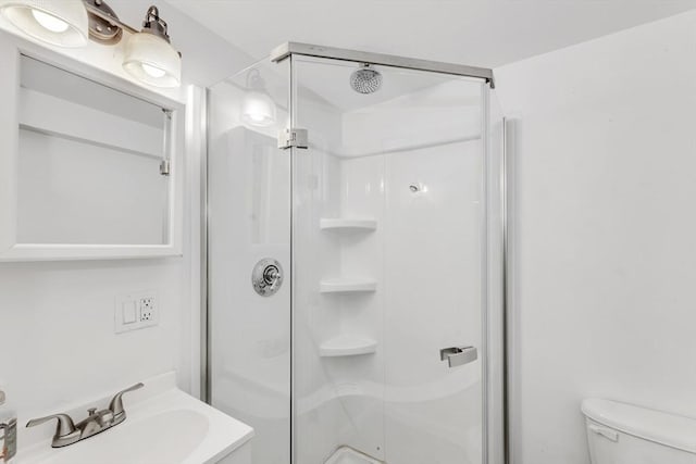 full bathroom featuring a stall shower, a sink, and toilet