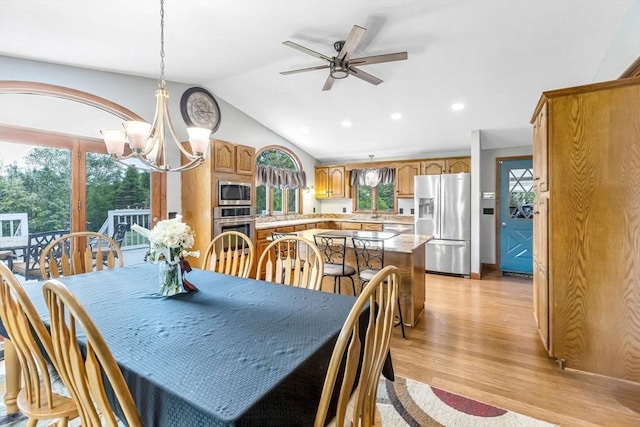98 Town Farm Rd, Monson, MA 01057 - dining space with a chandelier, light wood-style floors, recessed lighting, a ceiling fan, and vaulted ceiling
