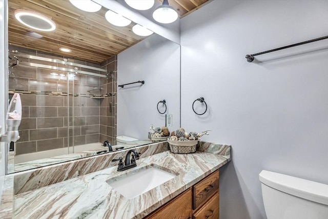 98 Town Farm Rd, Monson, MA 01057 - full bath with toilet, combined bath / shower with glass door, vanity, and wooden ceiling