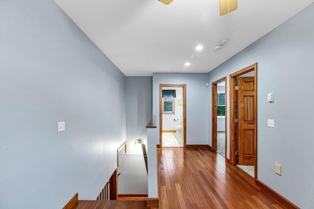 98 Town Farm Rd, Monson, MA 01057 - hallway with an upstairs landing, hardwood / wood-style flooring, baseboards, and recessed lighting