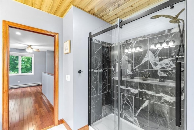 98 Town Farm Rd, Monson, MA 01057 - full bath featuring baseboard heating, baseboards, a marble finish shower, a ceiling fan, and wood ceiling