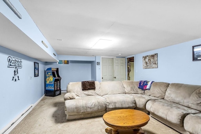 98 Town Farm Rd, Monson, MA 01057 - living area featuring baseboard heating, light carpet, baseboards, and a baseboard heating unit