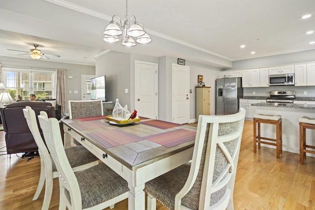 5 Mackenzie Way Unit 5, Haverhill, MA 01832 - dining area with crown molding, recessed lighting, light wood-type flooring, a chandelier, and a ceiling fan
