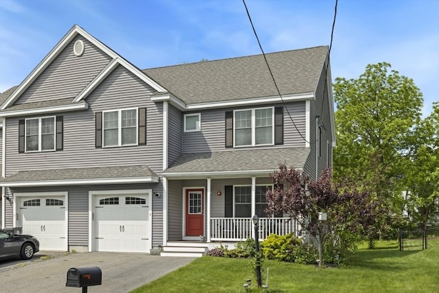 5 Mackenzie Way Unit 5, Haverhill, MA 01832 - view of front facade featuring covered porch, driveway, a front lawn, a garage, and roof with shingles