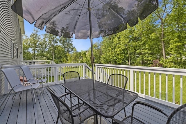 5 Mackenzie Way Unit 5, Haverhill, MA 01832 - wooden deck with outdoor dining space, a lawn, and view of scattered trees