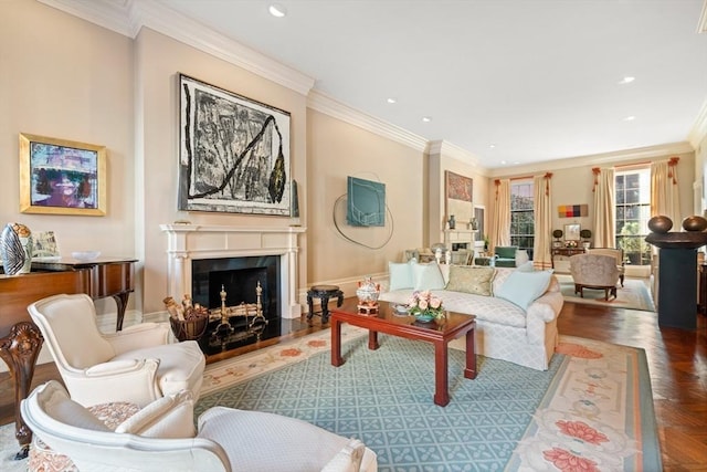 living room featuring dark parquet floors and crown molding