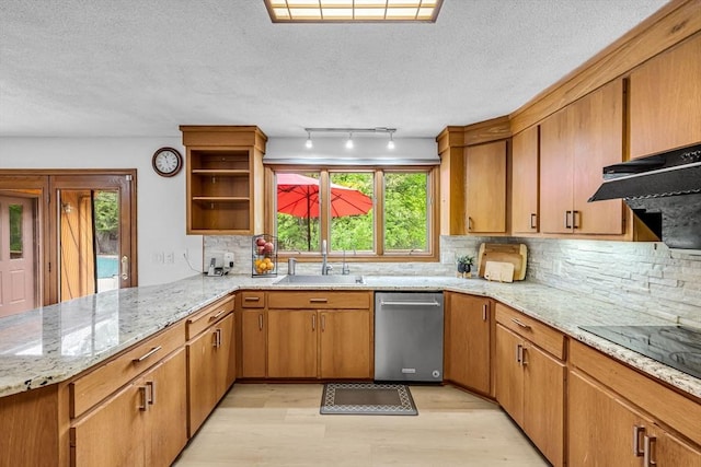 236 Williamsburg Dr, Longmeadow, MA 01106 - kitchen with a sink, dishwasher, black electric cooktop, light wood-type flooring, and open shelves