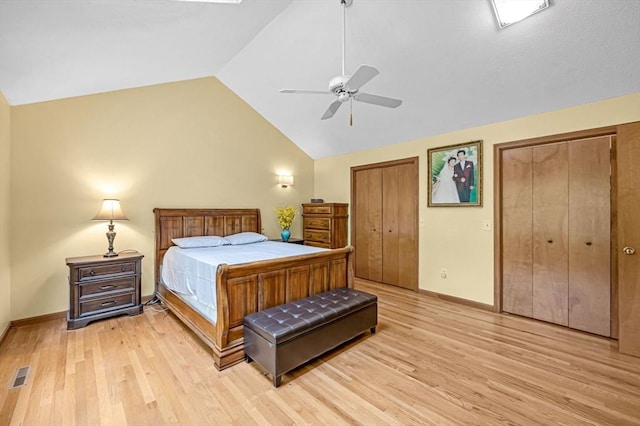236 Williamsburg Dr, Longmeadow, MA 01106 - bedroom with two closets, vaulted ceiling, light wood-style floors, baseboards, and a ceiling fan