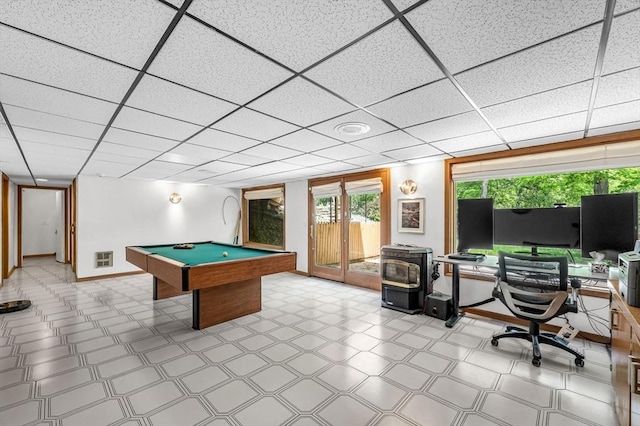 236 Williamsburg Dr, Longmeadow, MA 01106 - recreation room with a wood stove, tile patterned floors, baseboards, billiards, and a drop ceiling