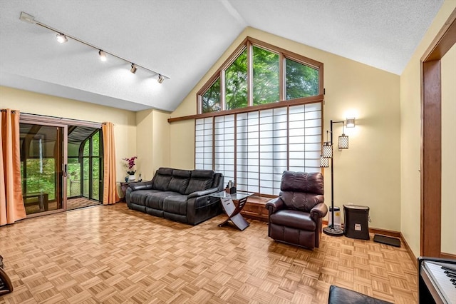236 Williamsburg Dr, Longmeadow, MA 01106 - living area with lofted ceiling, baseboards, rail lighting, and a textured ceiling
