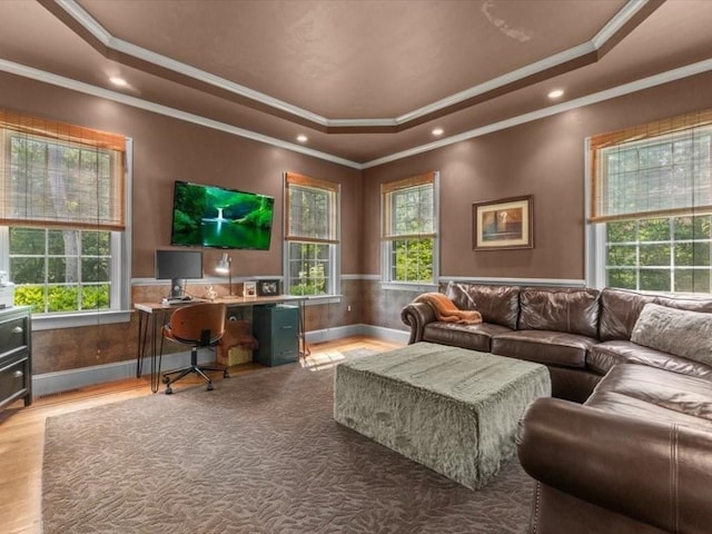 35 Oxbow Dr, Wrentham, MA 02093 - living area featuring a tray ceiling, crown molding, wood finished floors, recessed lighting, and an office area