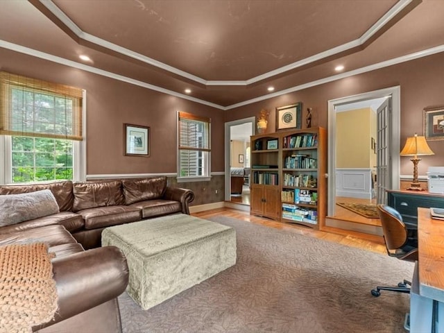 35 Oxbow Dr, Wrentham, MA 02093 - living room with a tray ceiling, ornamental molding, wood finished floors, wainscoting, and recessed lighting