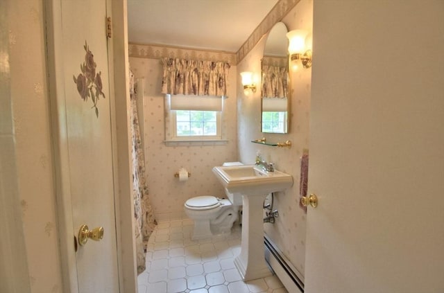 31 Lee Ave, Fitchburg, MA 01420 - bathroom with baseboard heating, toilet, tile patterned flooring, and wallpapered walls