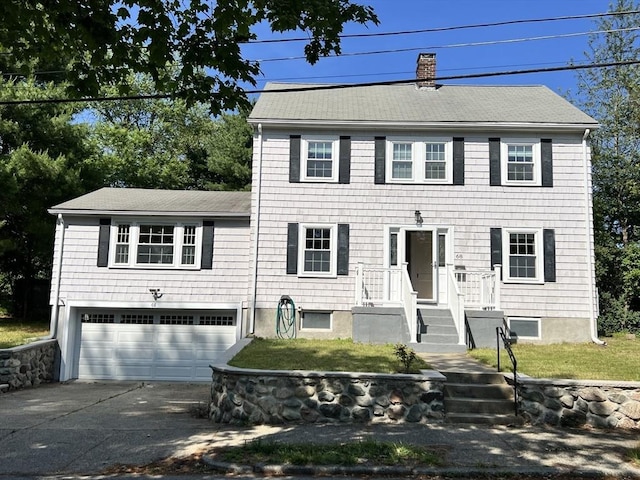 68 Pierrepont Rd, Newton, MA 02462 - colonial-style house featuring an attached garage, concrete driveway, a chimney, a front yard, and roof with shingles