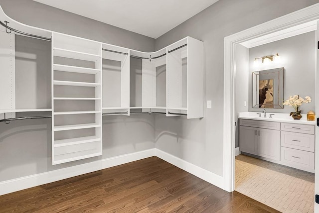 spacious closet with dark hardwood / wood-style floors and sink