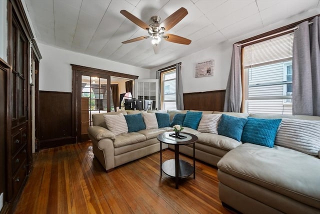 8 Ward St, Salem, MA 01970 - living room featuring a wainscoted wall, hardwood / wood-style floors, wood walls, and ceiling fan