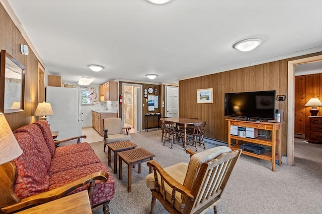 living room with light colored carpet, wood walls, and baseboard heating