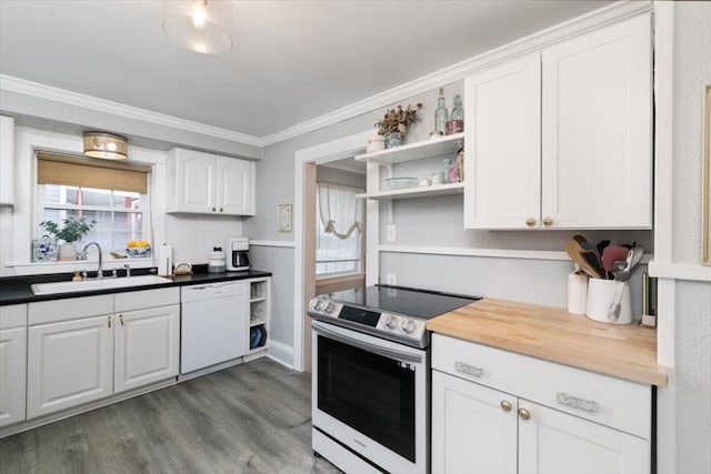 kitchen featuring open shelves, white dishwasher, ornamental molding, a sink, and stainless steel range with electric stovetop