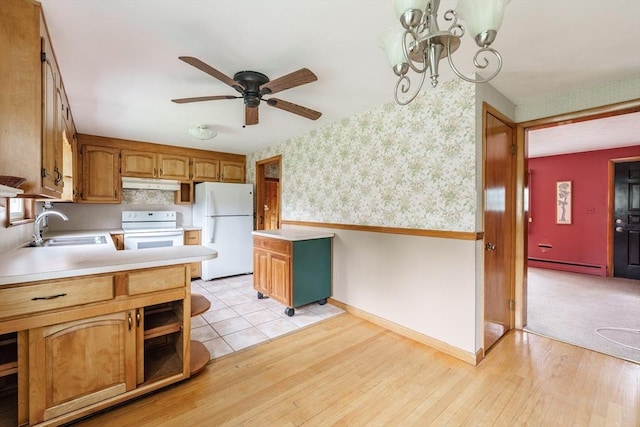 46 Birchland Ave, Springfield, MA 01119 - kitchen with white appliances, a baseboard heating unit, wallpapered walls, a ceiling fan, and light wood-style flooring