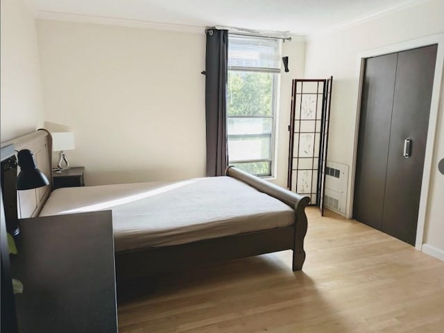 99 Pond Ave Unit 608, Brookline, MA 02445 - bedroom with crown molding, light wood finished floors, and radiator heating unit
