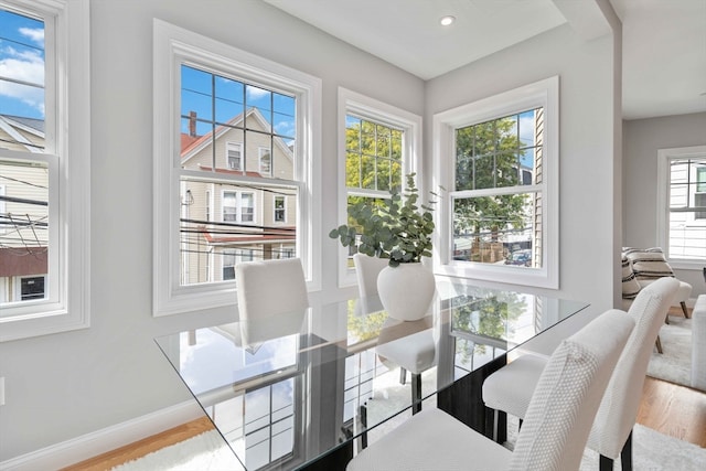 dining room with hardwood / wood-style flooring and a healthy amount of sunlight