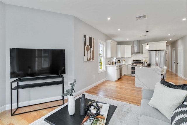 living room with light hardwood / wood-style floors and sink